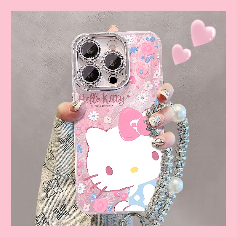 碎花KT猫手链适用苹果vivo华为oppo小米iPhone16精孔羽纱纹手机壳