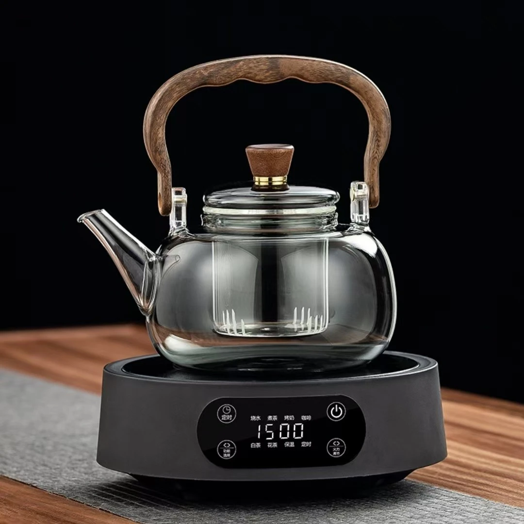 正茗堂电陶炉新款1500瓦数字显示玻璃茶壶套装黑色煮茶炉大瓦数