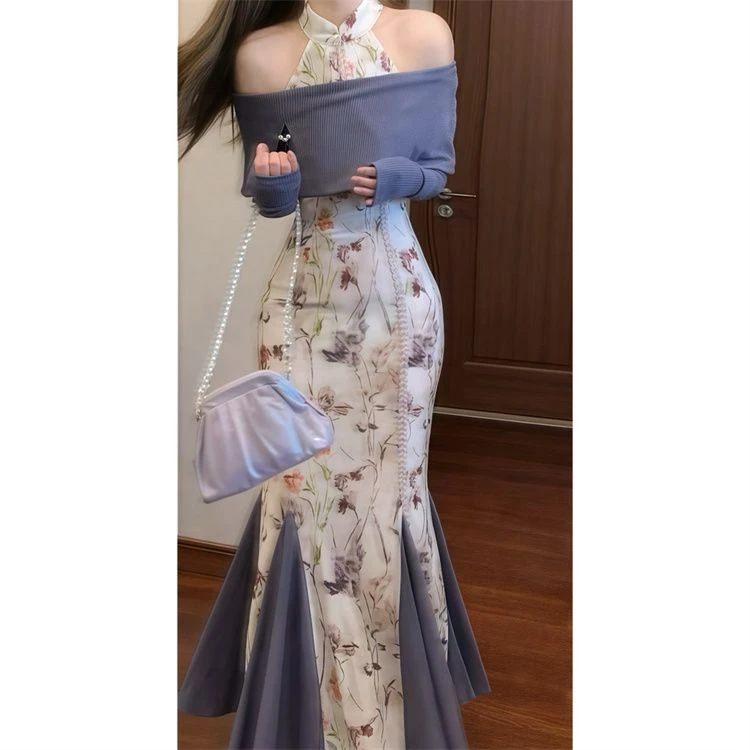 新中式设计感碎花旗袍连衣裙女秋季大码mm修身显瘦裙子搭坎肩套装