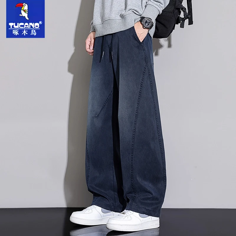 啄木鸟2025秋冬新款弯刀牛仔裤男加绒宽松直筒美式潮牌水洗休闲裤