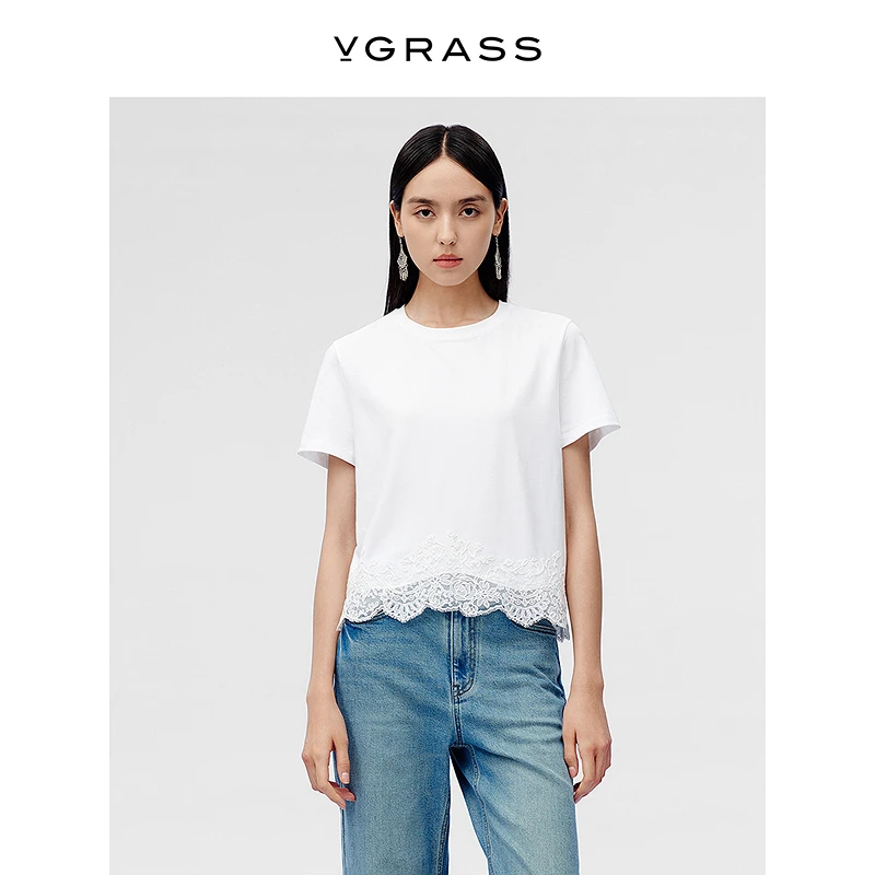 VGRASS不规则下摆绣花T恤25年夏季新款罗纹圆领上衣VST1Q2747D