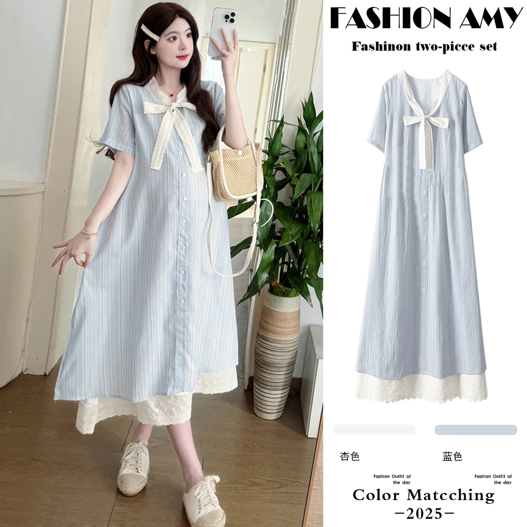 孕妇连衣裙夏季新款时尚韩版气质高级感蕾丝拼接假两件显瘦条纹裙