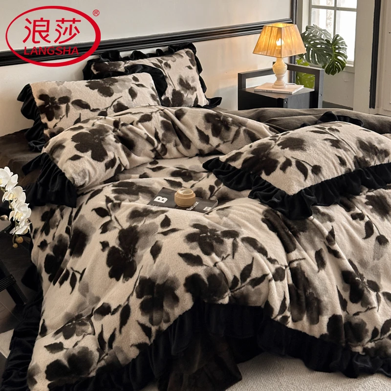 浪莎轻奢兔毛绒牛奶绒四件套2025新款冬季加厚珊瑚绒被套床单床笠