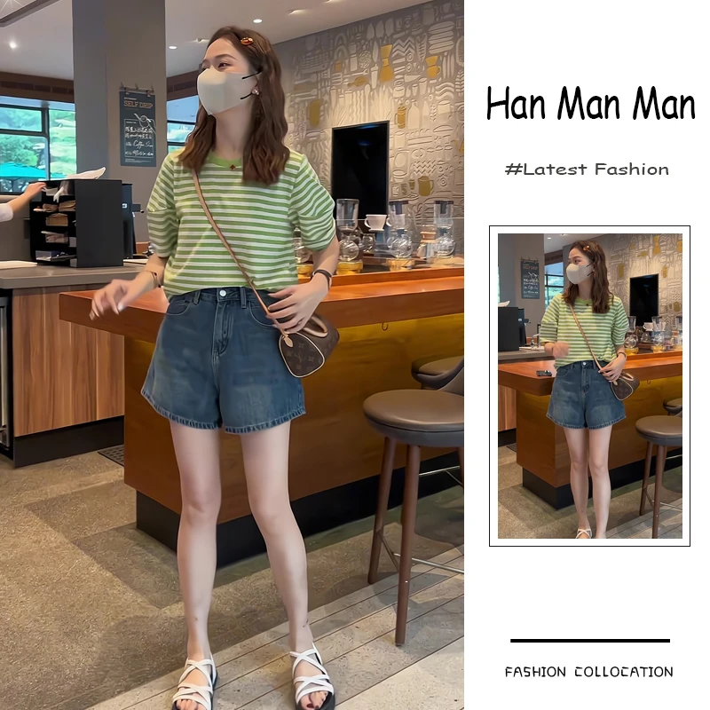 夏季流行穿搭一整套新款2025韩版减龄显瘦条纹短袖牛仔短裤两件套