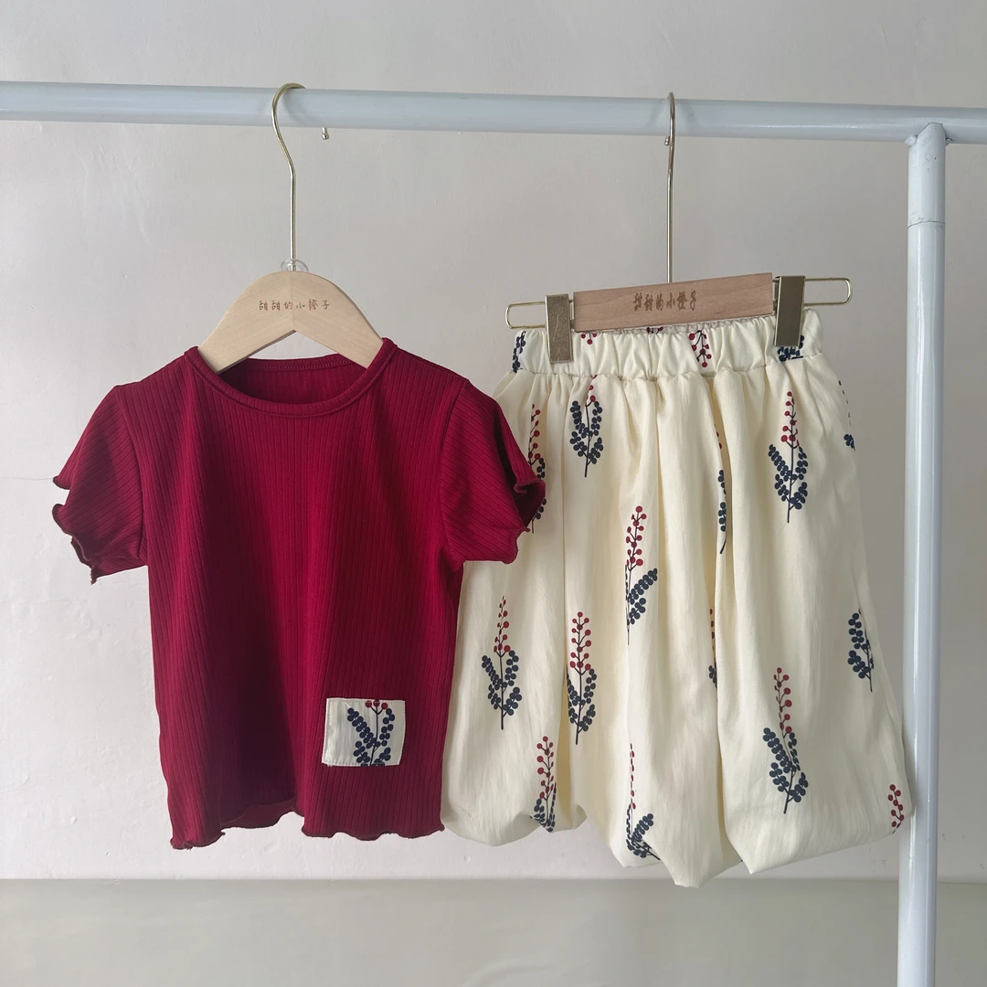 2025夏新女童超美套装波尔多红t花苞长裙名族风两件套