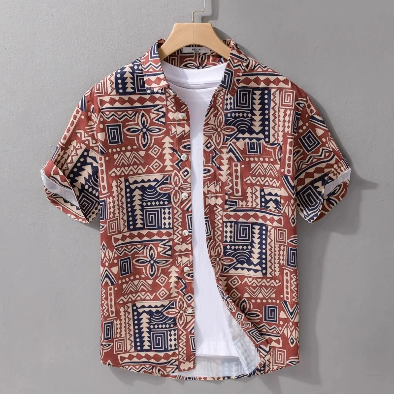 法国Cebrodz夏季时尚男印花短袖衬衫潮流宽松百搭花衬衣抗皱免烫