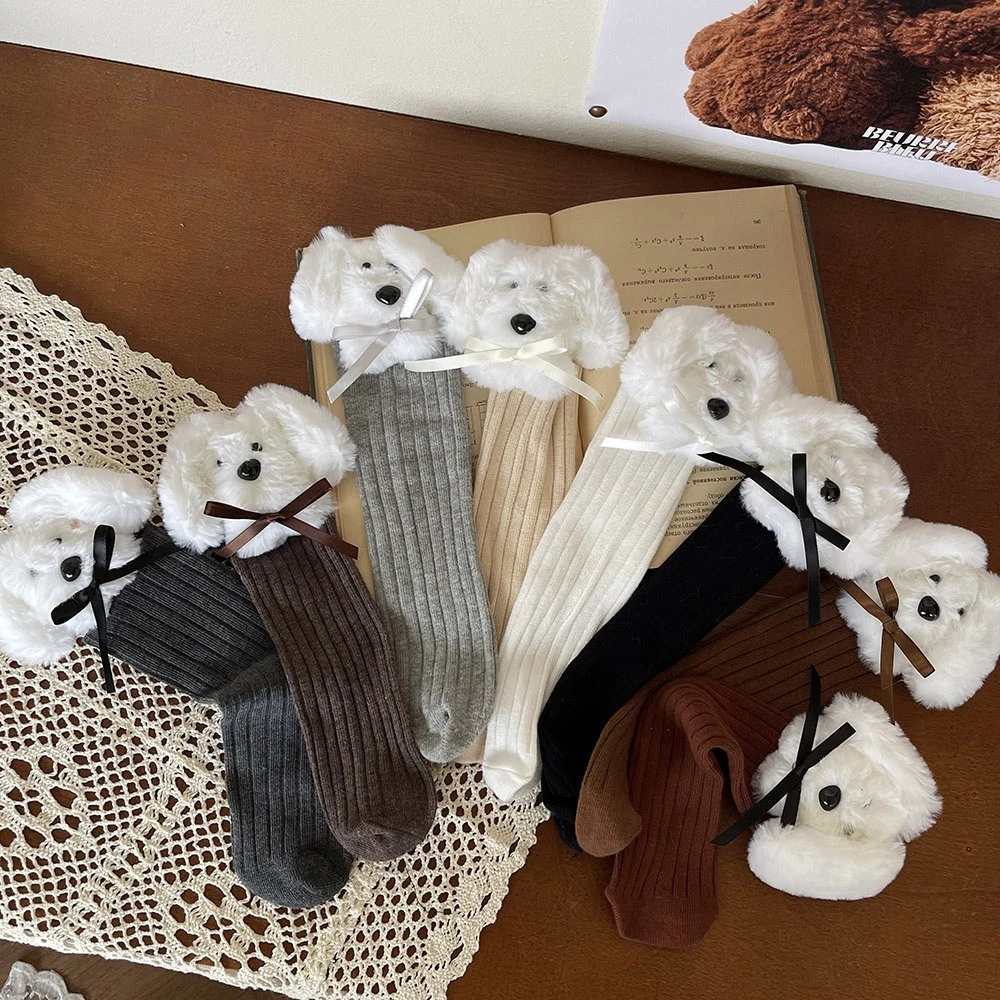 秋季新品毛绒布偶狗蝴蝶结可爱女学生棉中筒小腿堆堆袜女