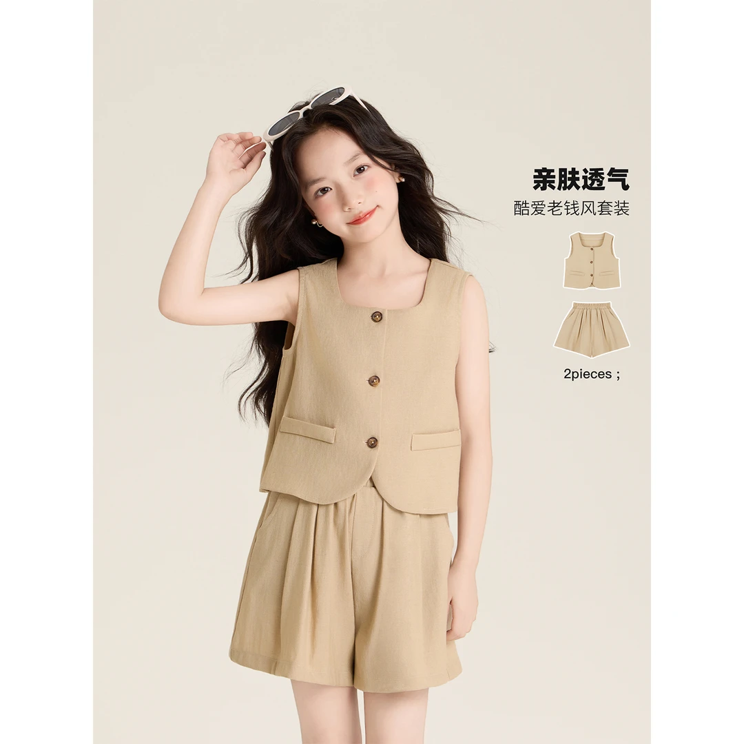 Amybaby女童套装夏季2025新款韩版简约松弛感百搭马甲短裤两件套