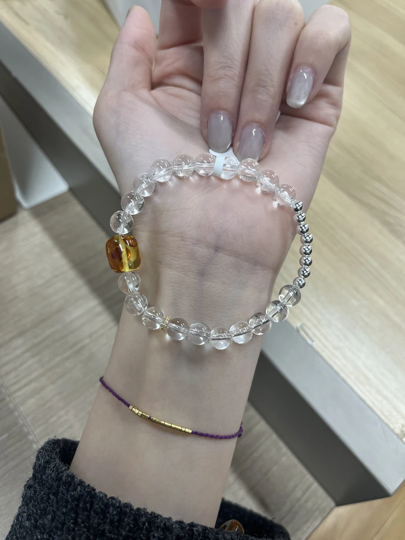 白水晶花珀银豆豆手链DLH1567!