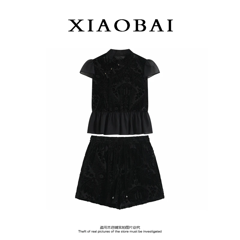 XIAOBAI 黑色泡泡袖上衣轻中式国风显瘦复古通勤风蕾丝时尚套装女