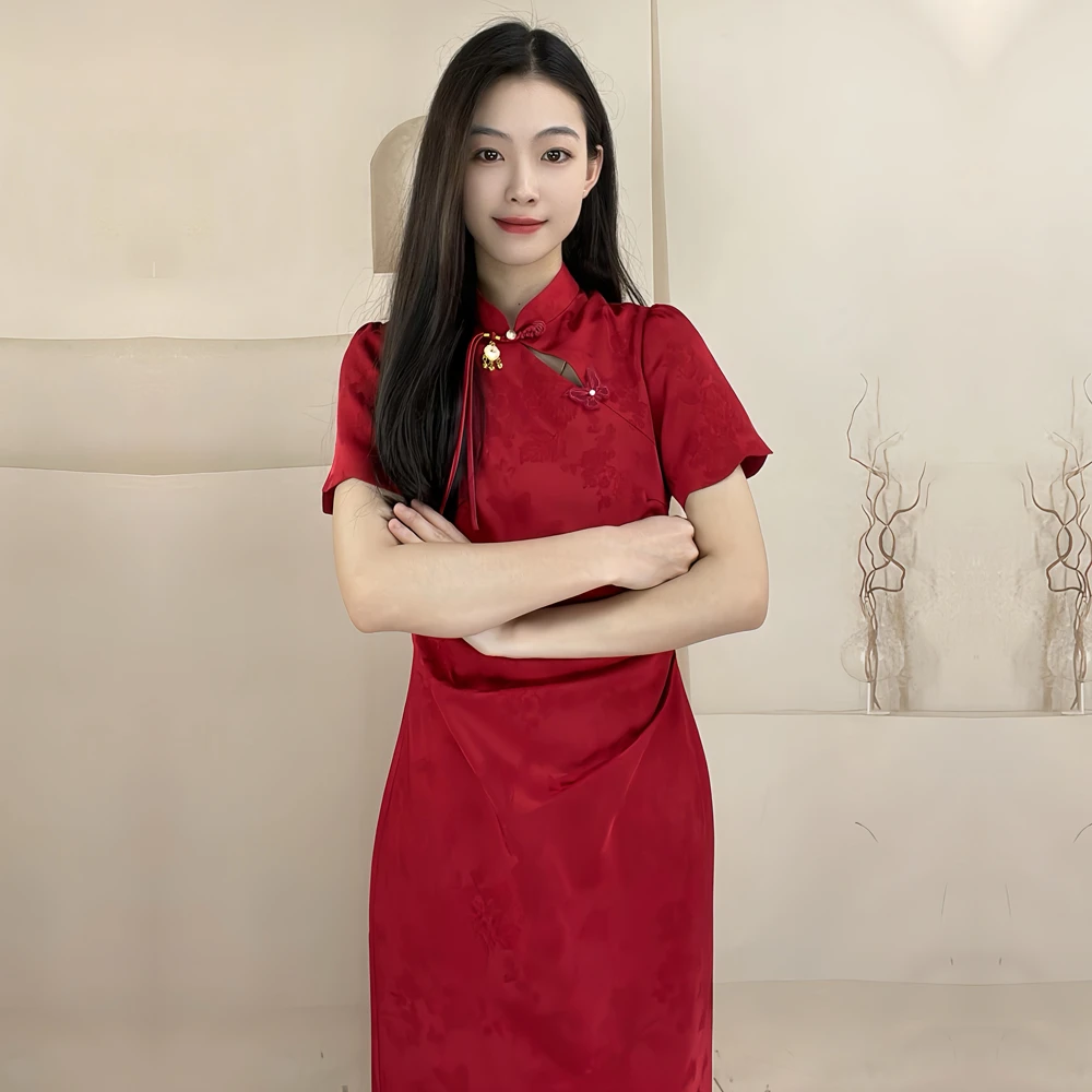 秋季红色新娘结婚改良新中式褶皱旗袍年轻款订婚结婚敬酒回门礼服