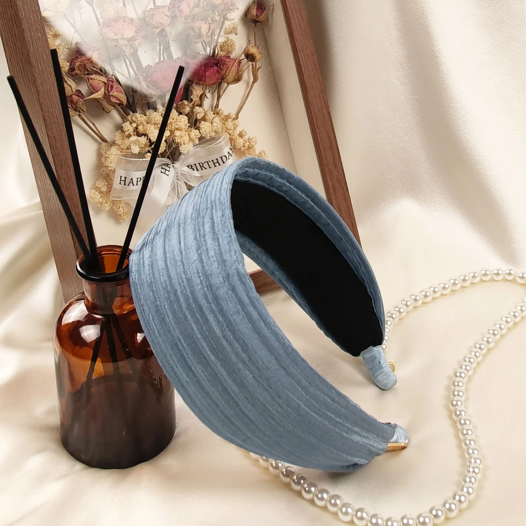 100%桑蚕丝泡泡绉大板发箍舒适褶皱纱发卡宽优雅发饰简约时尚头箍