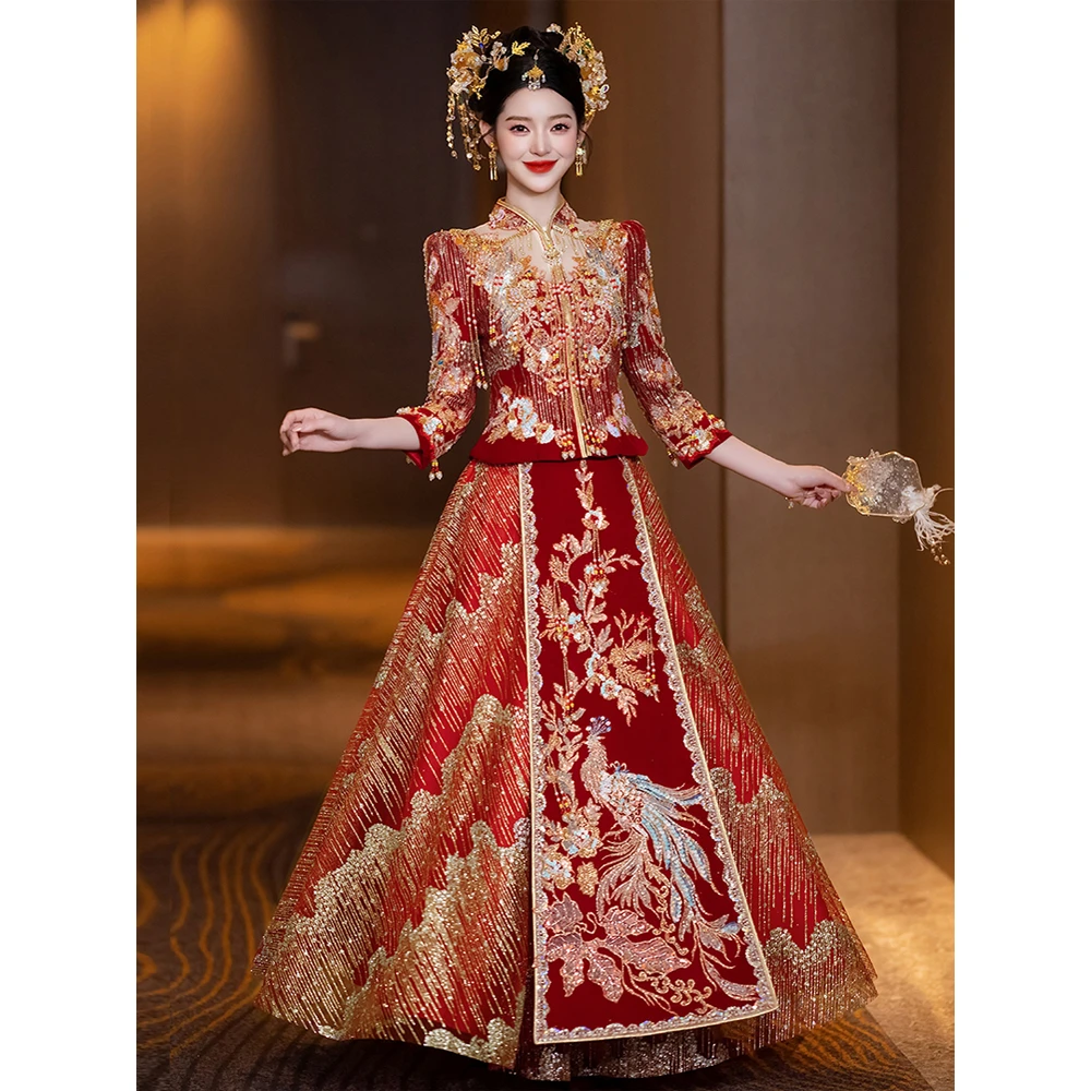 中式夏季秀禾服高级感2025年新款新娘结婚服敬酒服中式红色婚纱裙