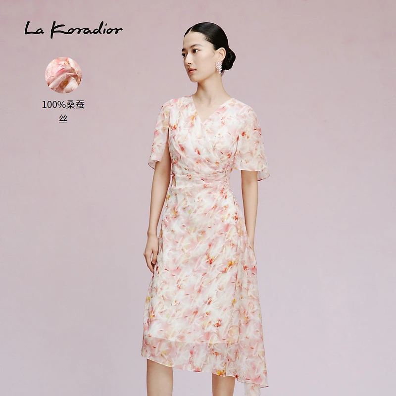 【重磅真丝】La Koradior拉珂蒂女秋季法式V领印花桑蚕丝连衣裙