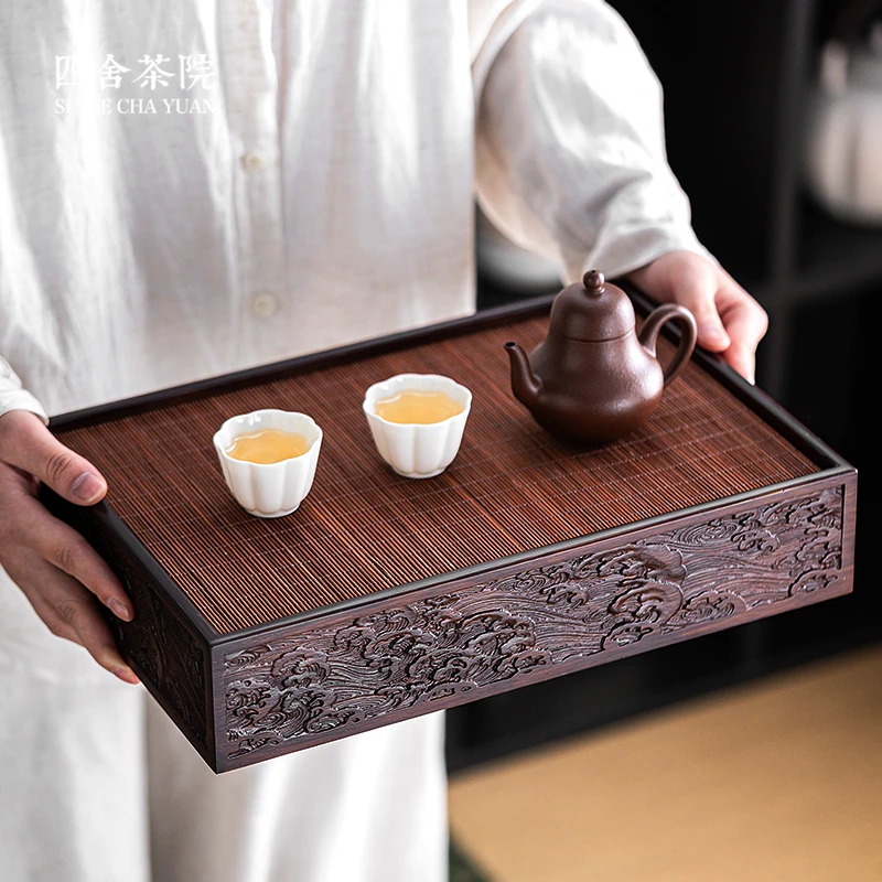 大容量茶盘竹席卷帘茶盘家用茶托盘储蓄水式干泡盘收纳柜沥水茶台