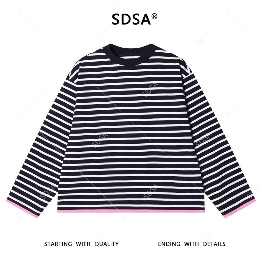 SDSA秋冬新款痞帅男装简约拼接撞色条纹圆领长袖T恤百搭套头上衣