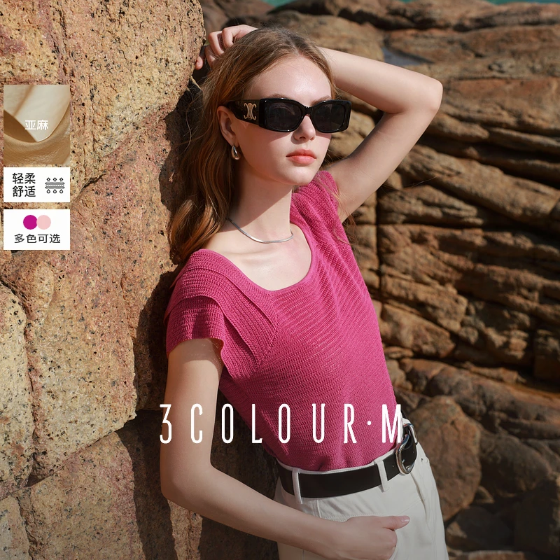【抗起球针织】三彩2025夏季新款镂空针织衫U领飞飞袖毛衫薄款M