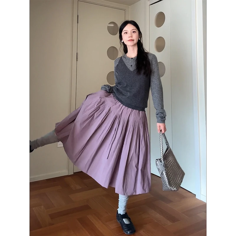 MARIE.COCO韩系温柔风假两件长袖针织衫上衣女秋季新款紫色半身裙