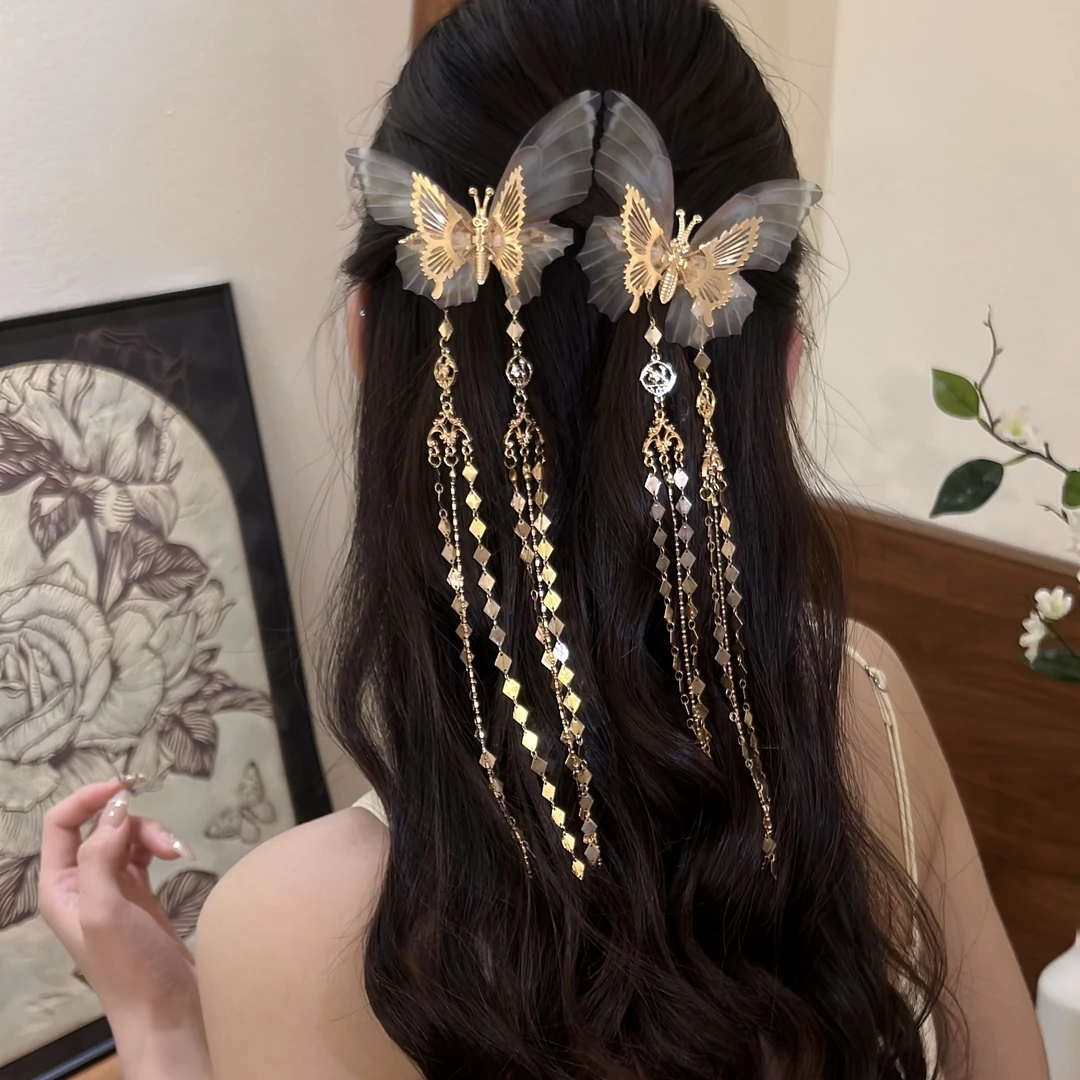 国风超仙绢纱流光夹子蝴蝶发夹精致气质会动的蝴蝶一字上班族发饰