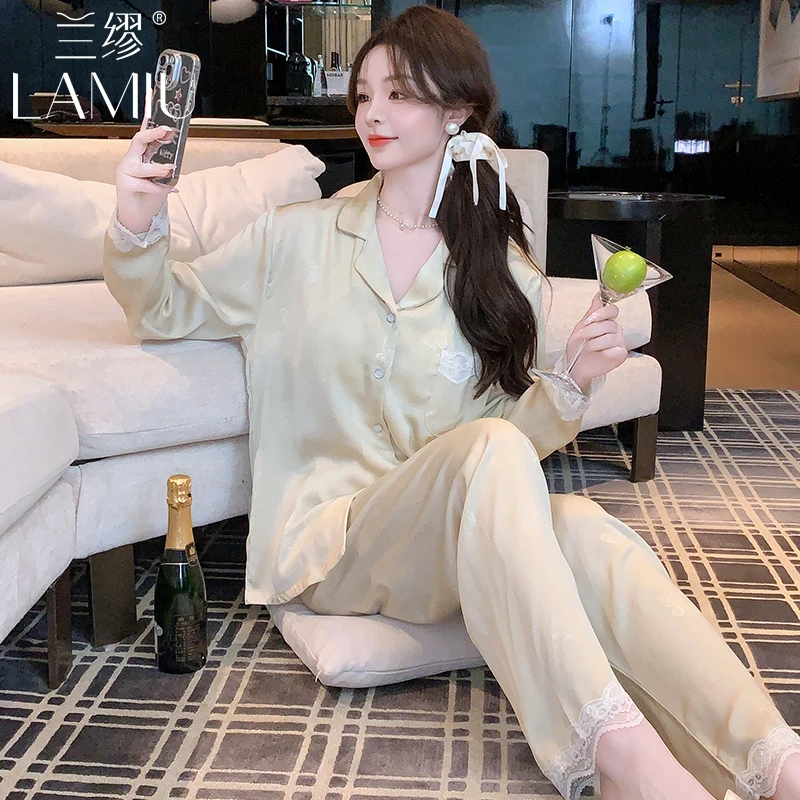 法式高级感冰丝睡衣女春秋季新款大码开衫长袖长裤家居服套装大码