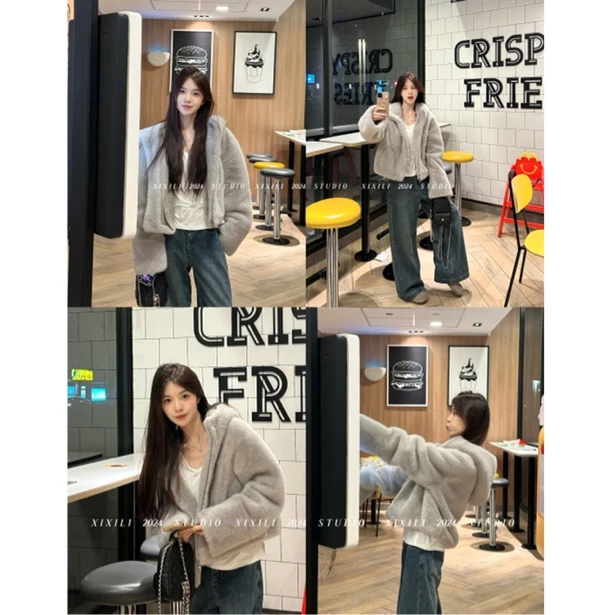 XIXILI“顽心童趣”女外套温柔女生时尚百搭连帽秋冬厚外套23629