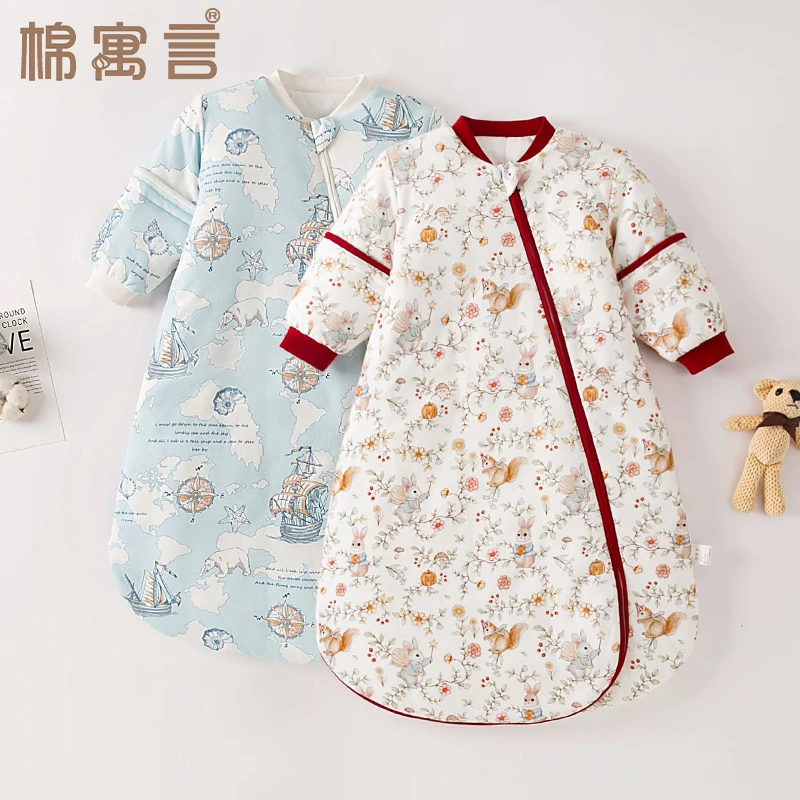 宝宝睡袋秋冬纯棉夹棉加厚防踢被儿童睡觉神器可拆袖一体式防着凉