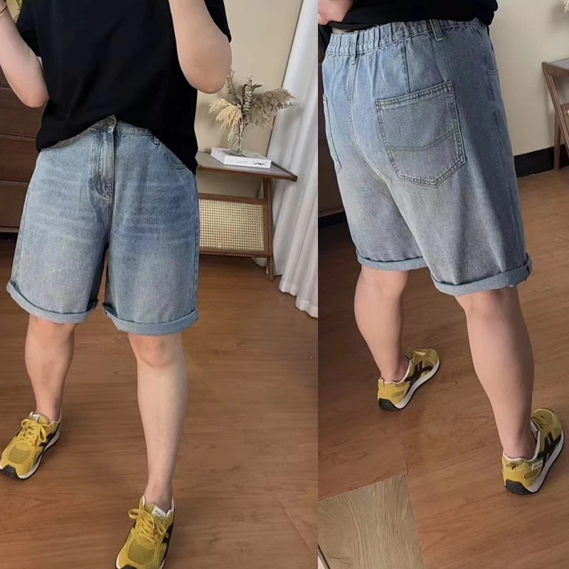 【潼潼专属 】松紧腰大码牛仔短裤女夏季显瘦百搭五分裤胖mm