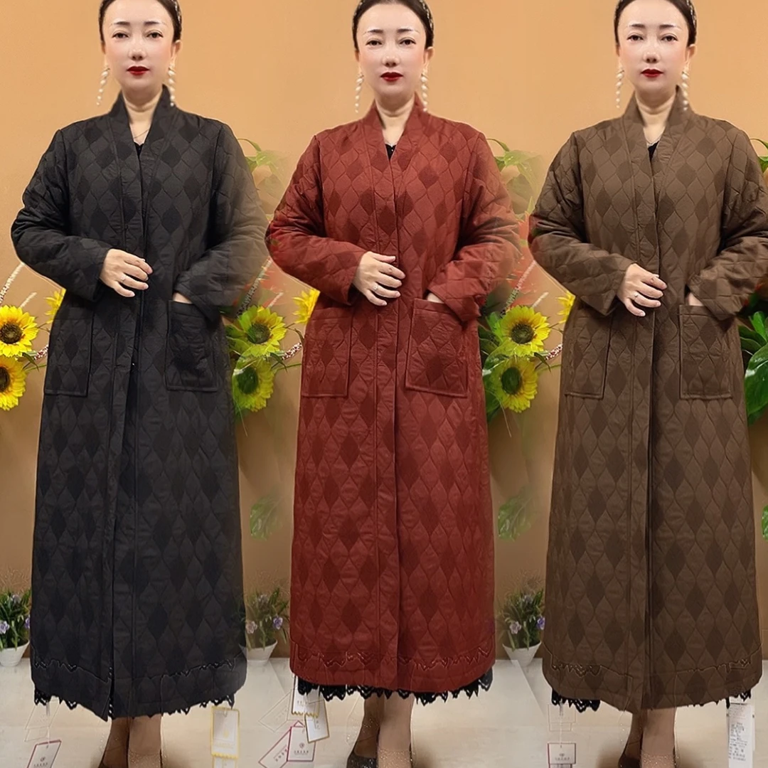 秋冬新款气质大衣宽松大码显瘦复古提花纯色中长款夹棉风衣外套女