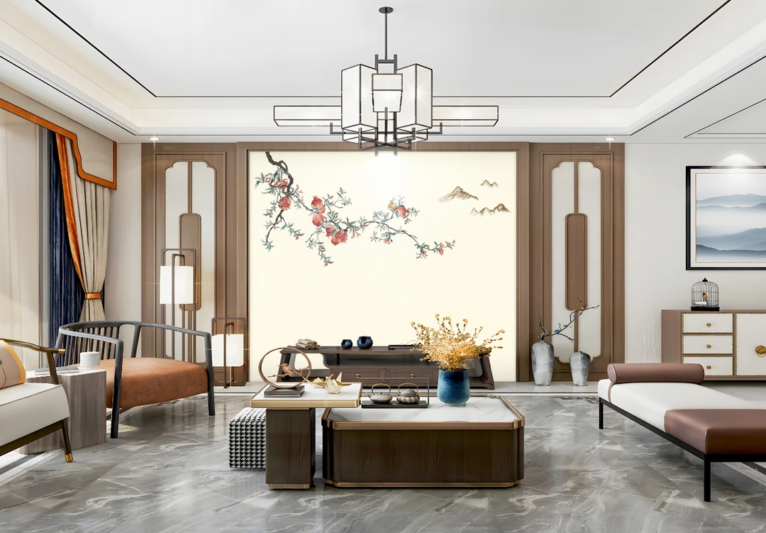 独绣泓伟刺绣  石榴多子多福新中式沙发电视背景墙