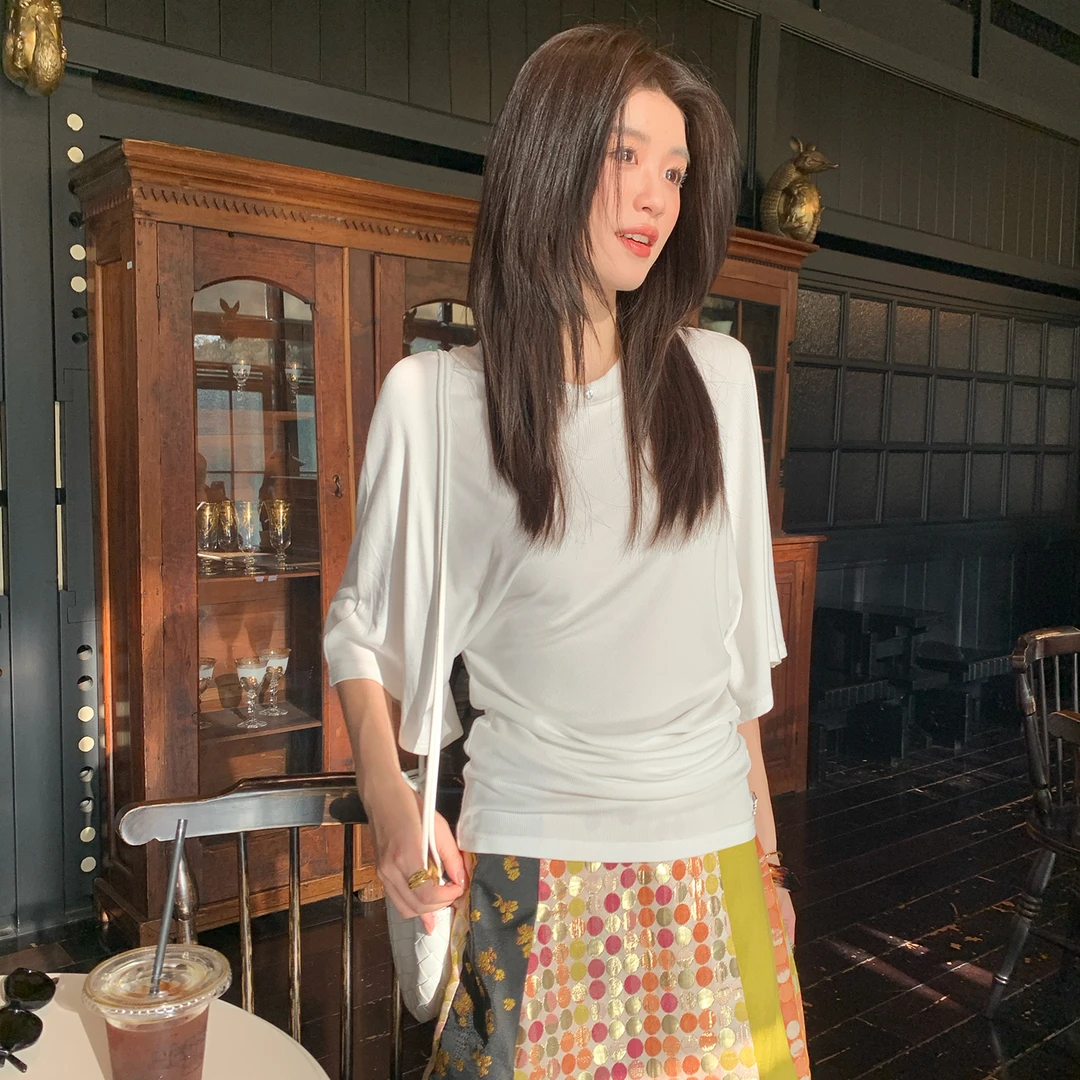 【清风白茶】RARE ZZ 两色收腰堆叠褶皱休闲短袖显瘦基础T恤