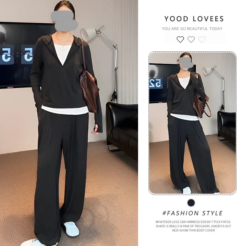 连帽假两件长袖拉链上衣女2025新款爆款春秋超好看阔腿直筒裤套装