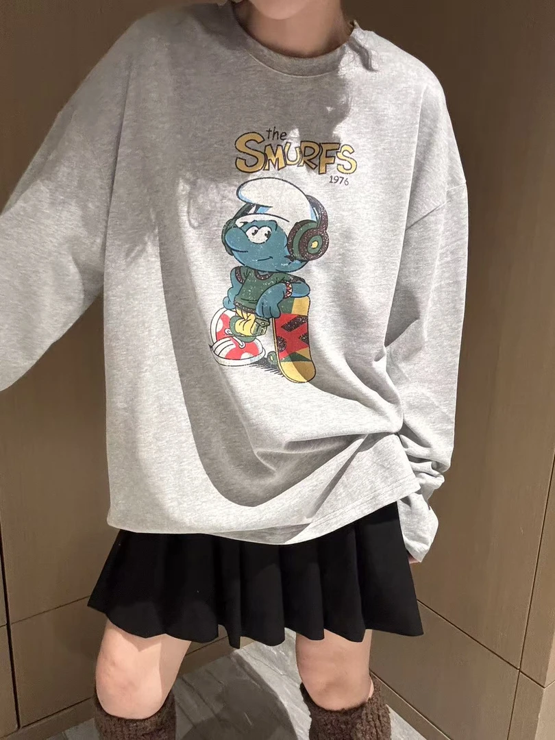 韩版秋季新款蓝精灵长袖t恤打底衫女