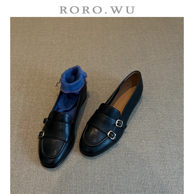 娆娆吴·头层牛皮休闲复古一脚蹬小皮鞋春季新款粗跟乐福鞋女H03
