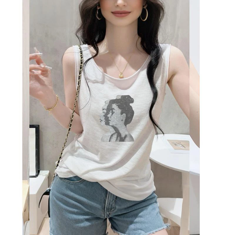 薄款竹节棉卷边工字背心女夏宽松外穿打底小衫印花无袖t恤上衣潮