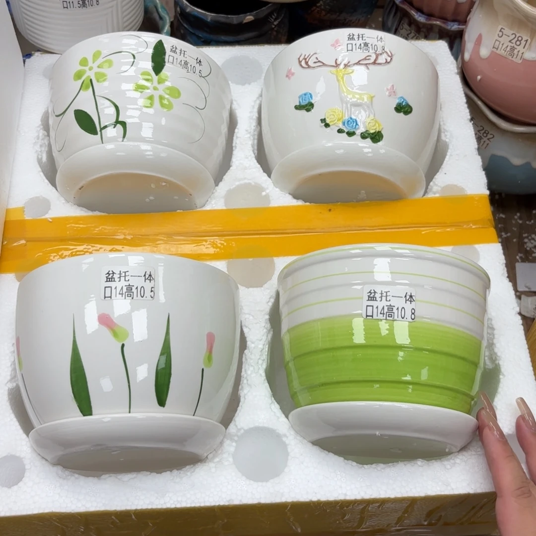 @夏西陶瓷花盆@@四个手绘