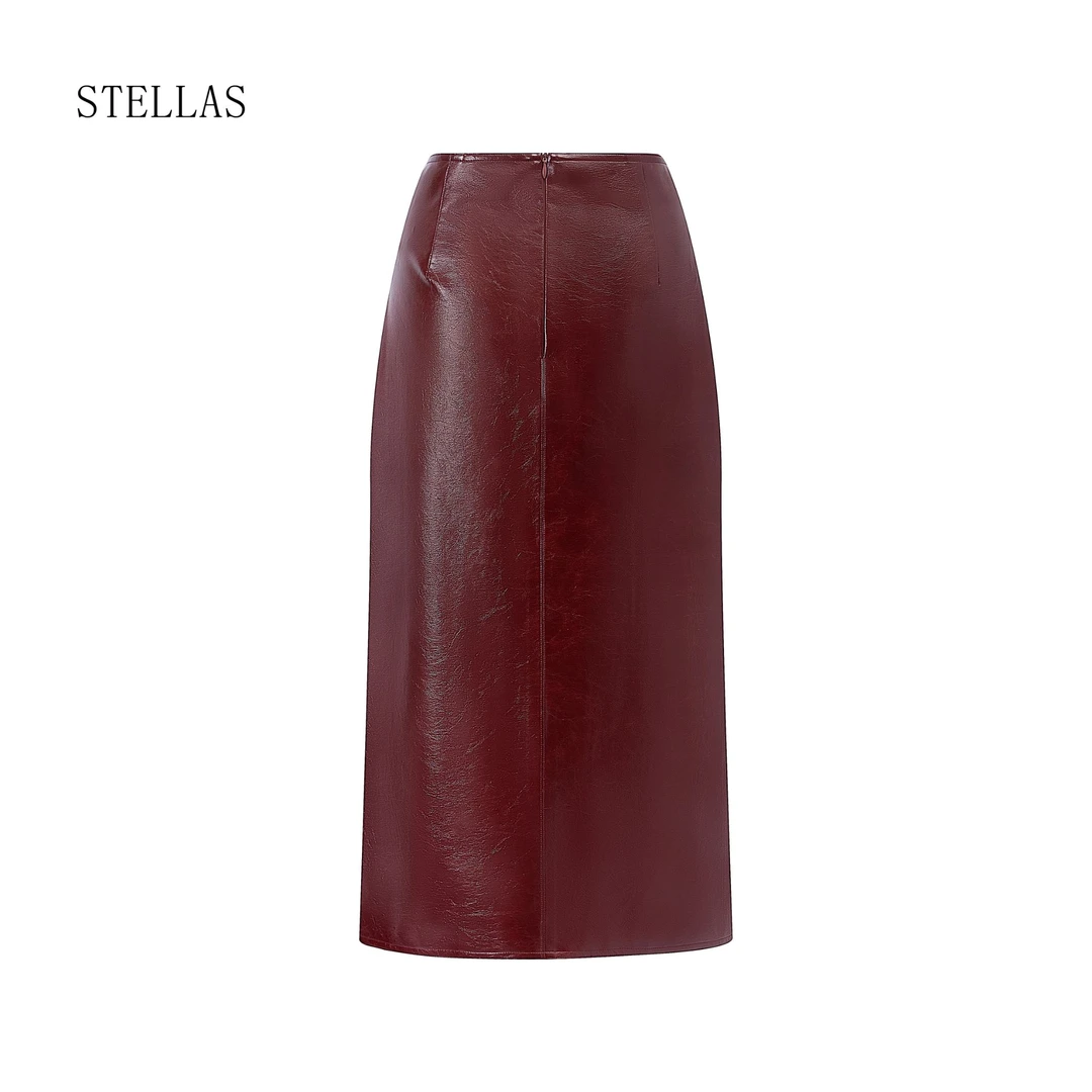 STELLAS 【摩登时髦】质感舒适光泽感PU油蜡皮半身裙直筒裙