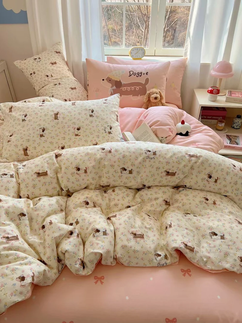 Linda｜小花狗春夏纯棉全棉三件套四件套 ins简约吸汗透气排汗宿舍