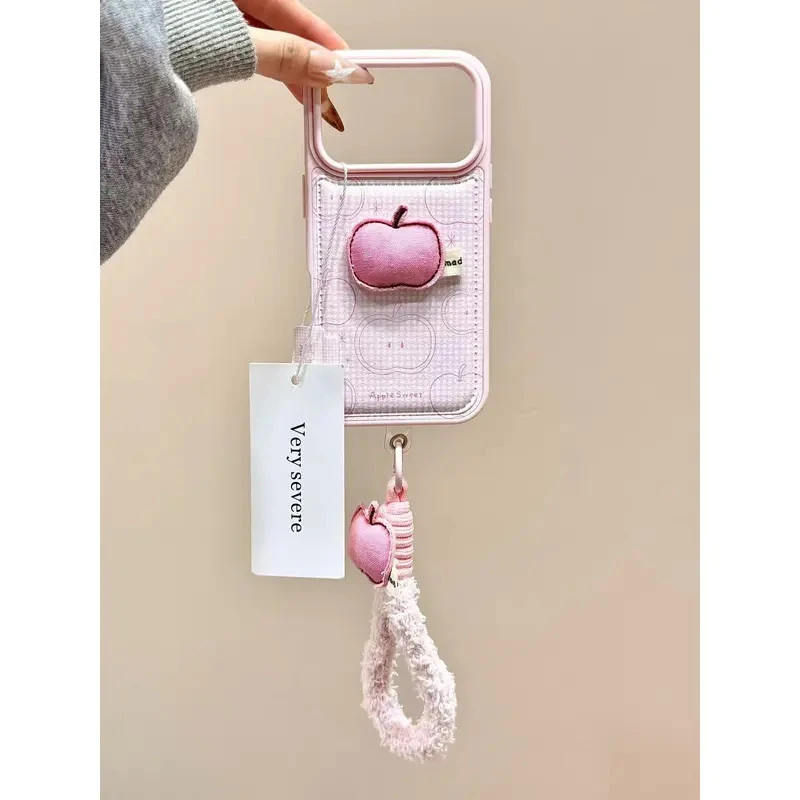 少女心粉格立体刺绣苹果手拎绳适用苹果17promax手机壳15iphone16