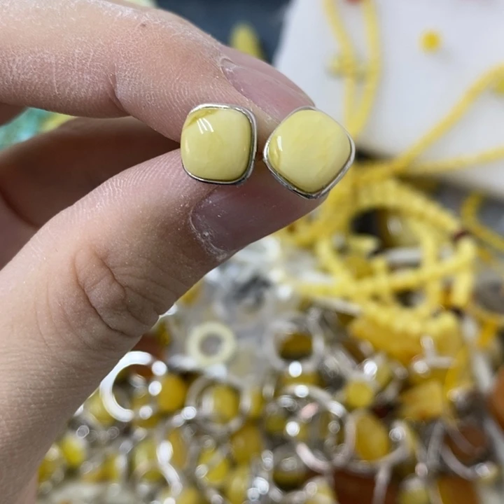 蜜蜡裸石银S925镶嵌耳钉