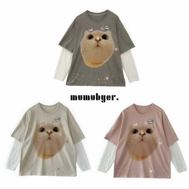 MUMUBYER •“萌猫贴贴”袖子蕾丝拼接假两件大版猫咪印花T恤