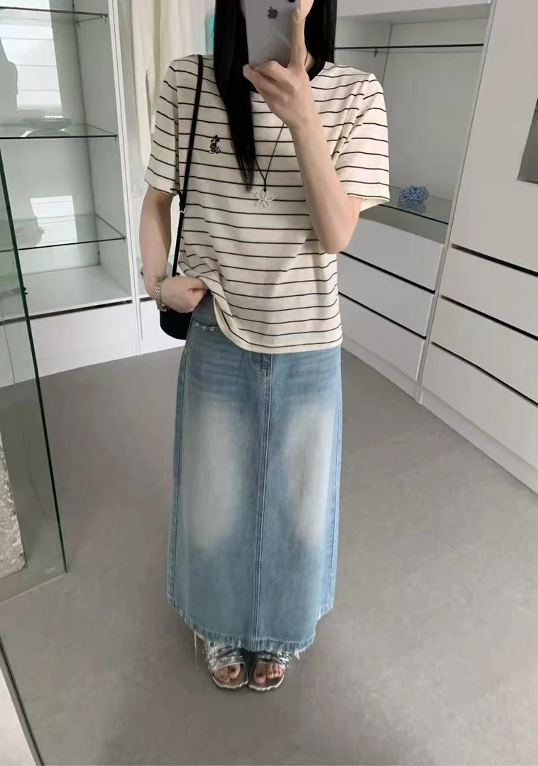 8616#衣长55新款韩版宽松显瘦百搭圆领刺绣米奇条纹短袖T恤女