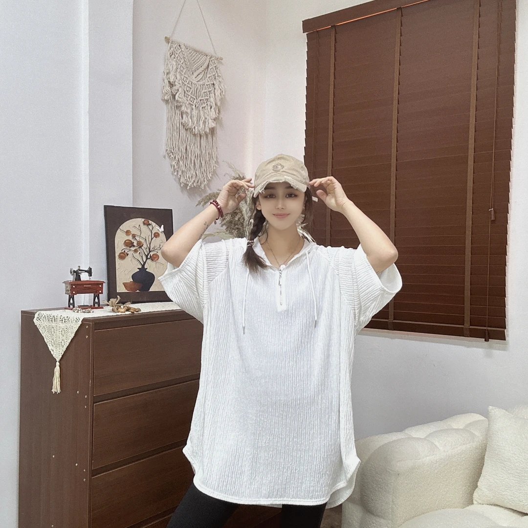 LU/鹿儿Y0580时尚大版宽松百搭简约纯色休闲拉链慵懒短袖连帽上衣