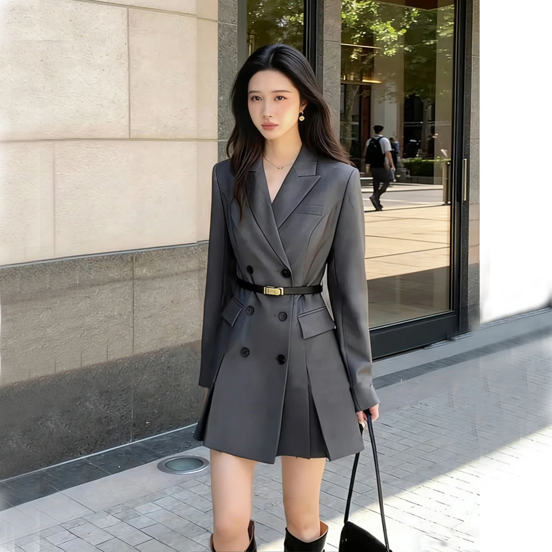 大码小香风通勤灰色西装连衣裙女春秋胖mm高级感收腰显瘦西服短裙