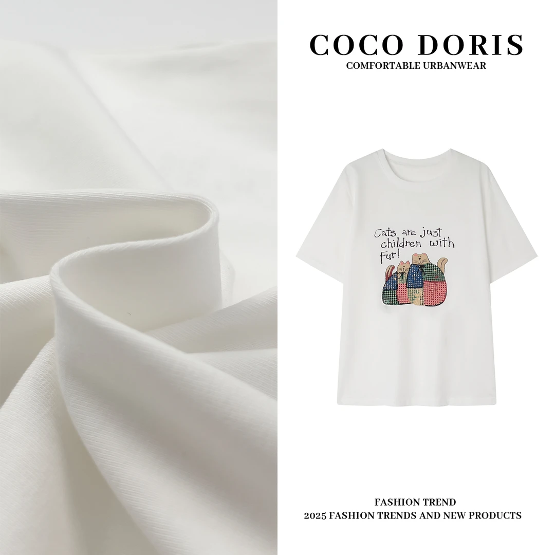 COCO DORIS 2025春夏新款字母猫咪印花T恤通勤休闲百搭上衣6616