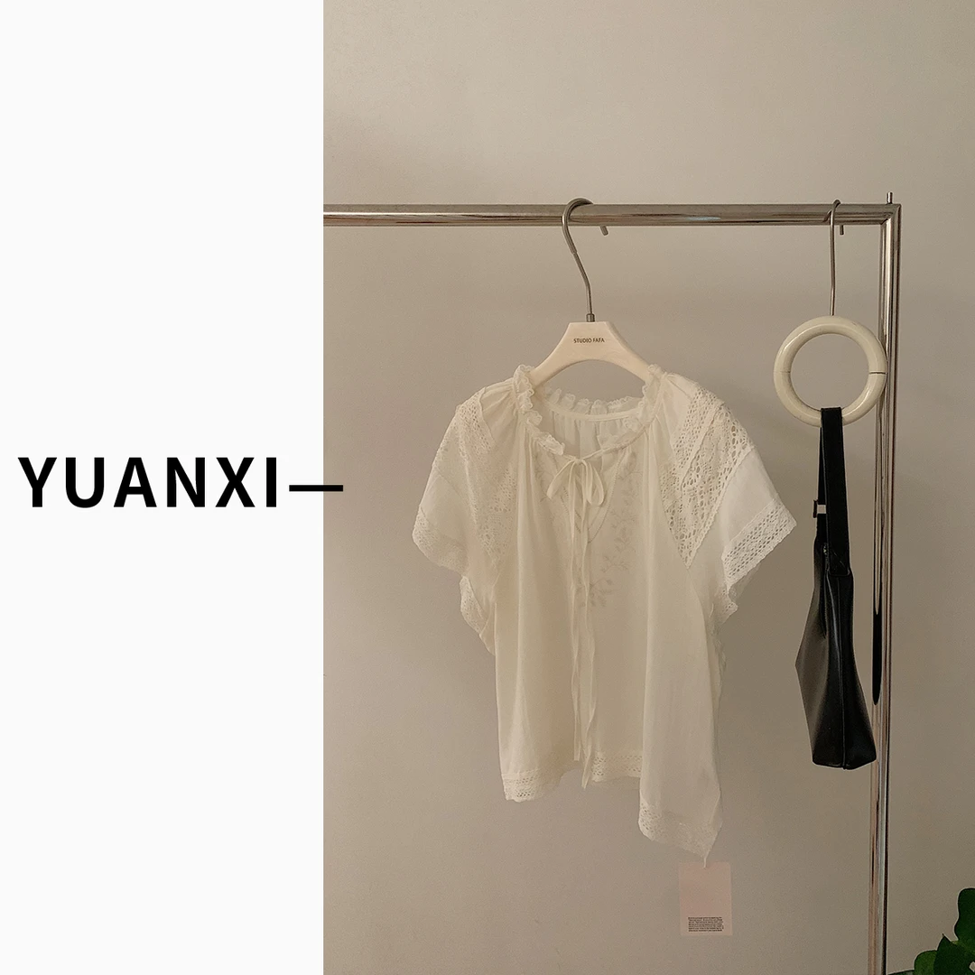 【FAFAJIA】F590 法式韩系重工蕾丝小衫系带衬衫女短袖