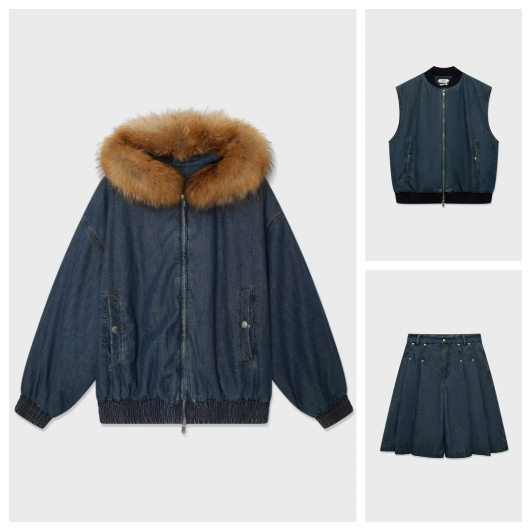 项小七IMMI  25冬季新品牛仔绗棉毛领连帽夹克/马甲/百褶七分中裤