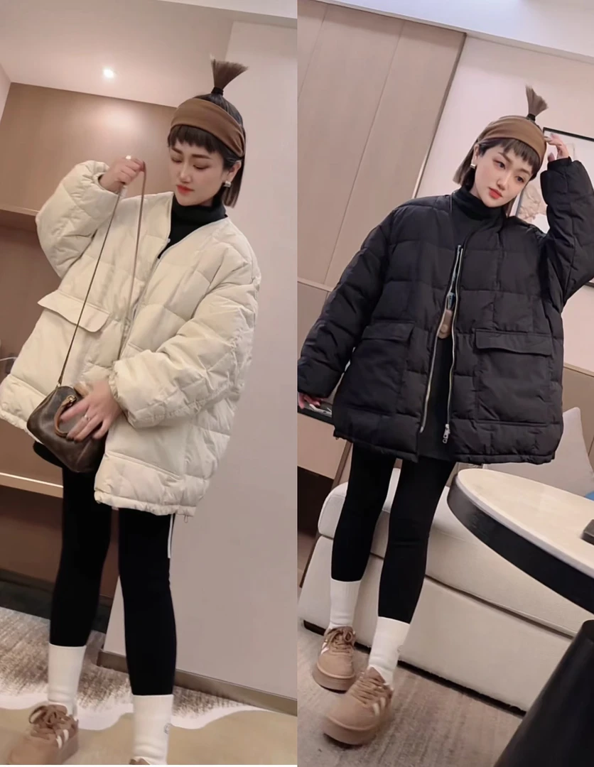 【不得不爱】2025冬季新款韩系V领纯色大口袋宽松大版羽绒服