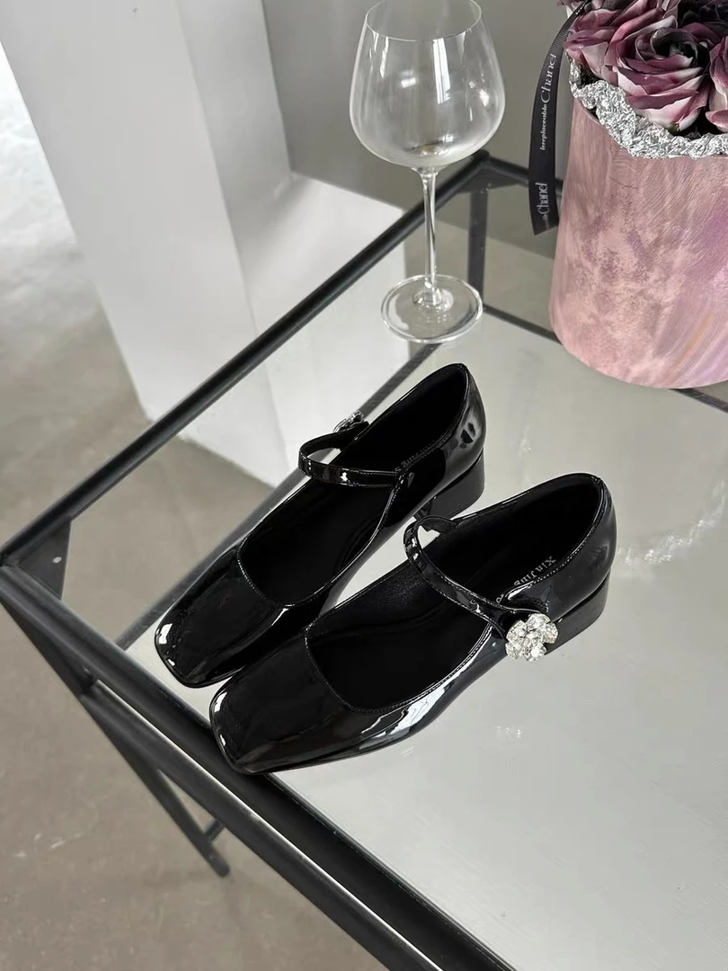 891-2 玛丽珍鞋粗跟方头单鞋新款一字带水晶花扣中跟单鞋女鞋L1