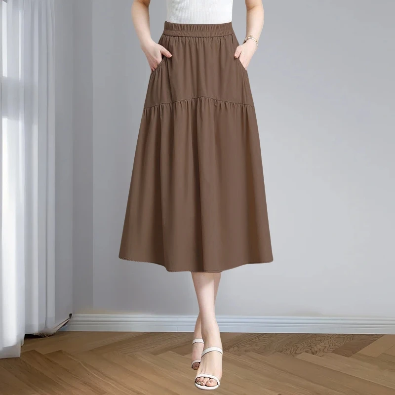 2025夏季中长款气质口袋A字裙女新款时尚高腰显瘦半身裙大码裙子