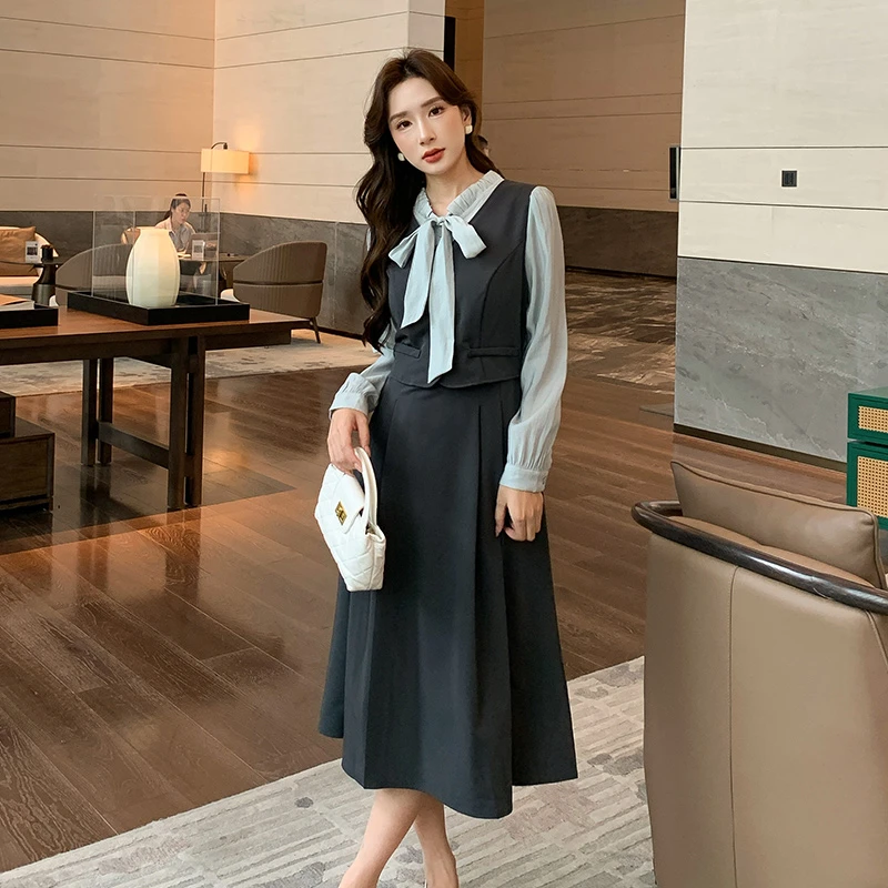 奢姿2025年春季新款大码女装系带假两件裙子胖妹妹撞色减龄连衣裙